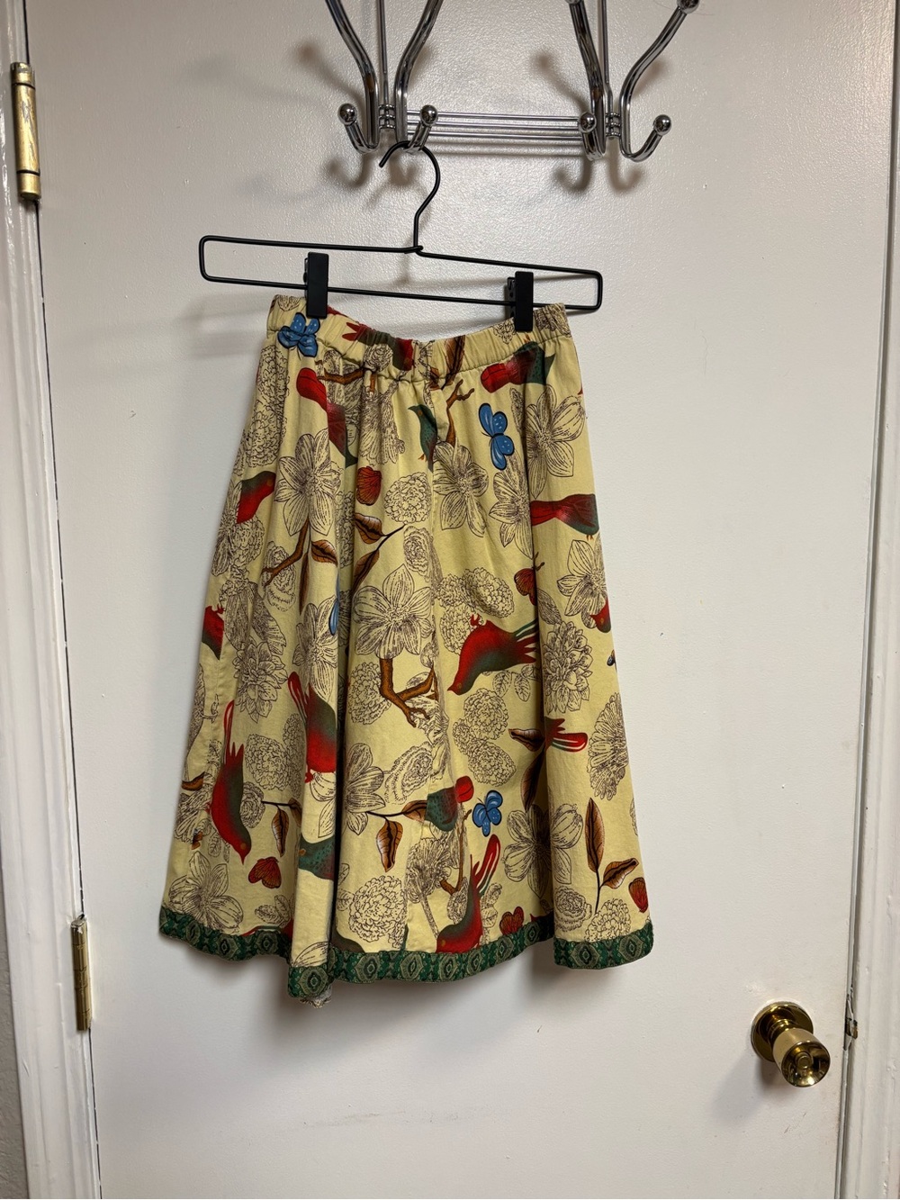 Whimsical Bird Floral Print Full Midi Skirt